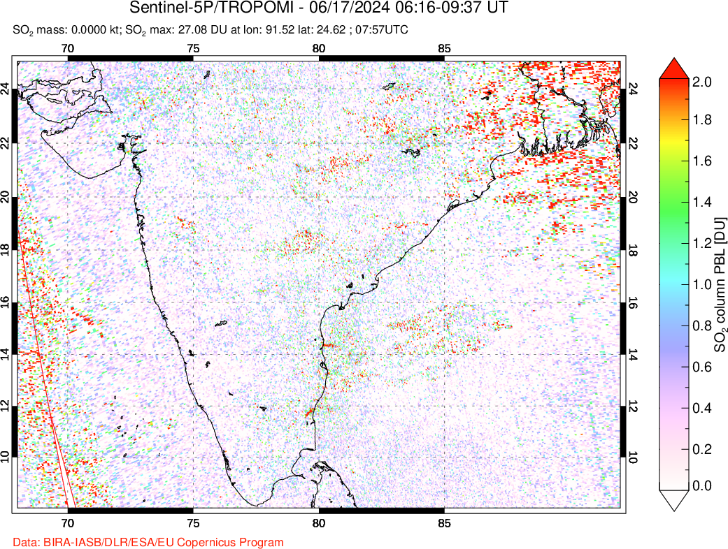 A sulfur dioxide image over India on Jun 17, 2024.