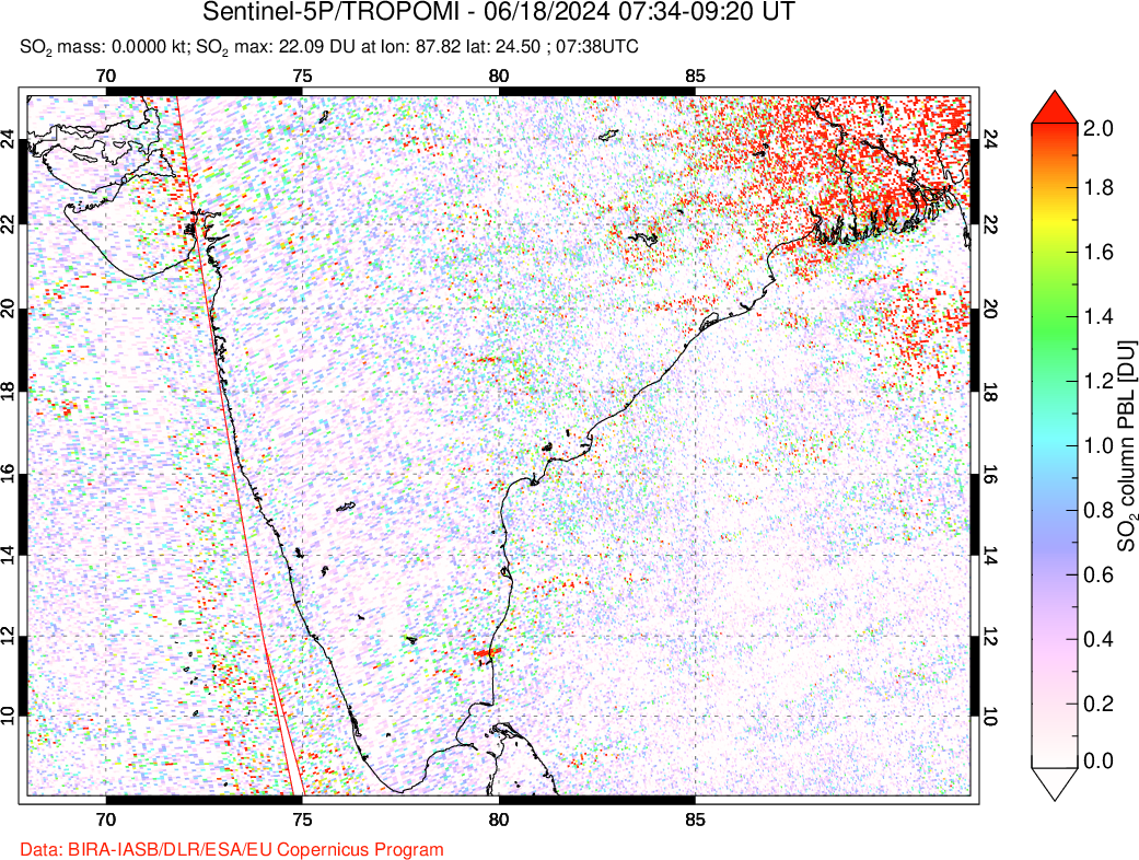 A sulfur dioxide image over India on Jun 18, 2024.