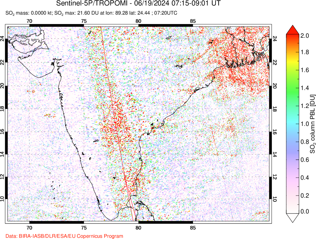 A sulfur dioxide image over India on Jun 19, 2024.