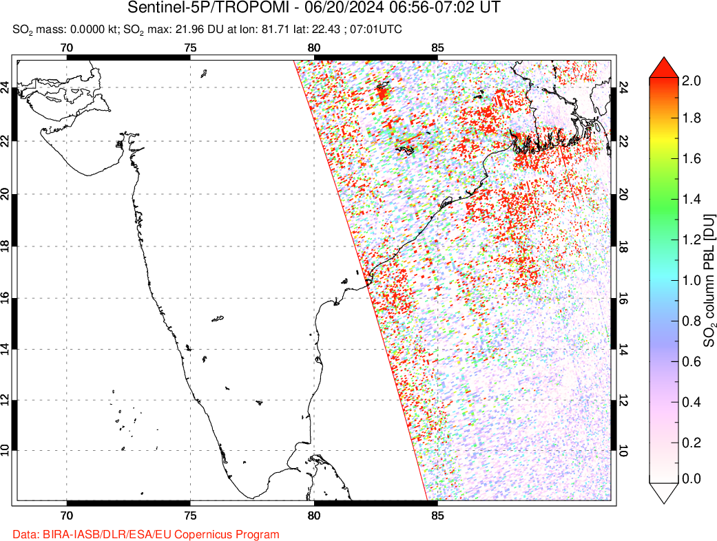 A sulfur dioxide image over India on Jun 20, 2024.