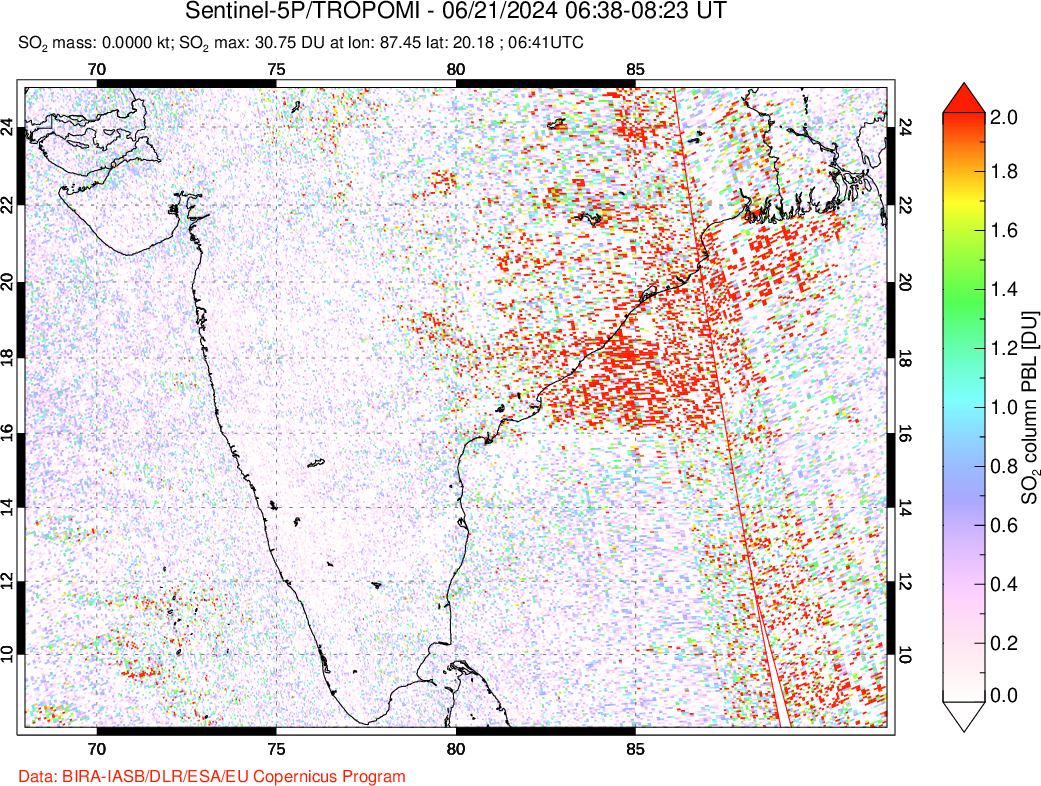 A sulfur dioxide image over India on Jun 21, 2024.