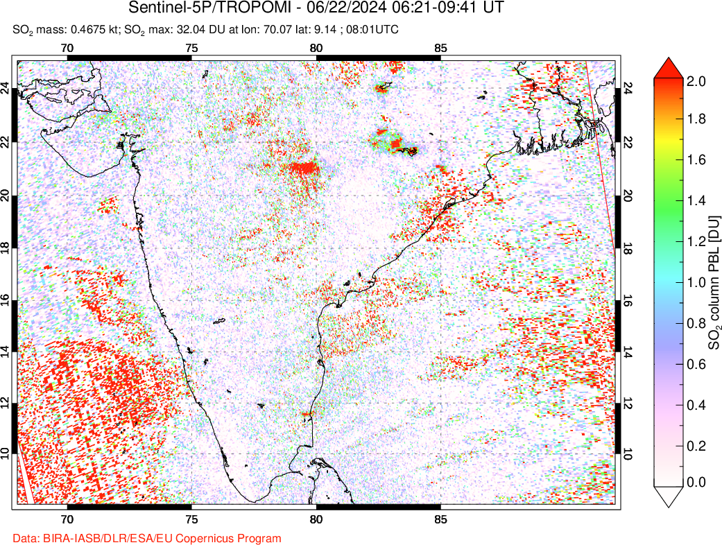 A sulfur dioxide image over India on Jun 22, 2024.