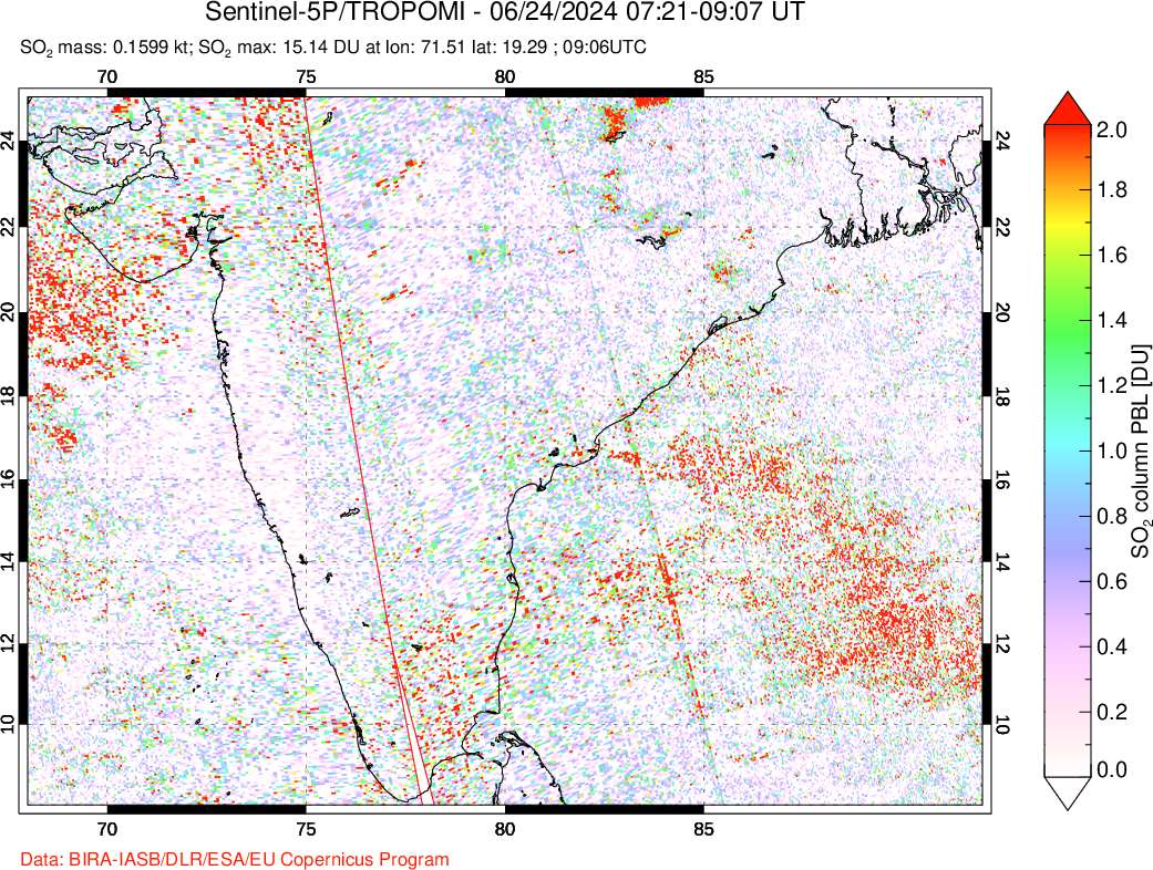 A sulfur dioxide image over India on Jun 24, 2024.