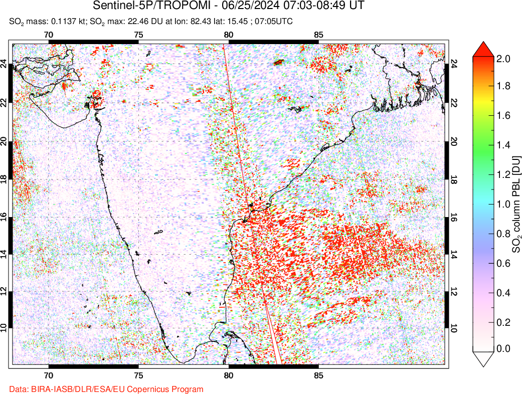 A sulfur dioxide image over India on Jun 25, 2024.