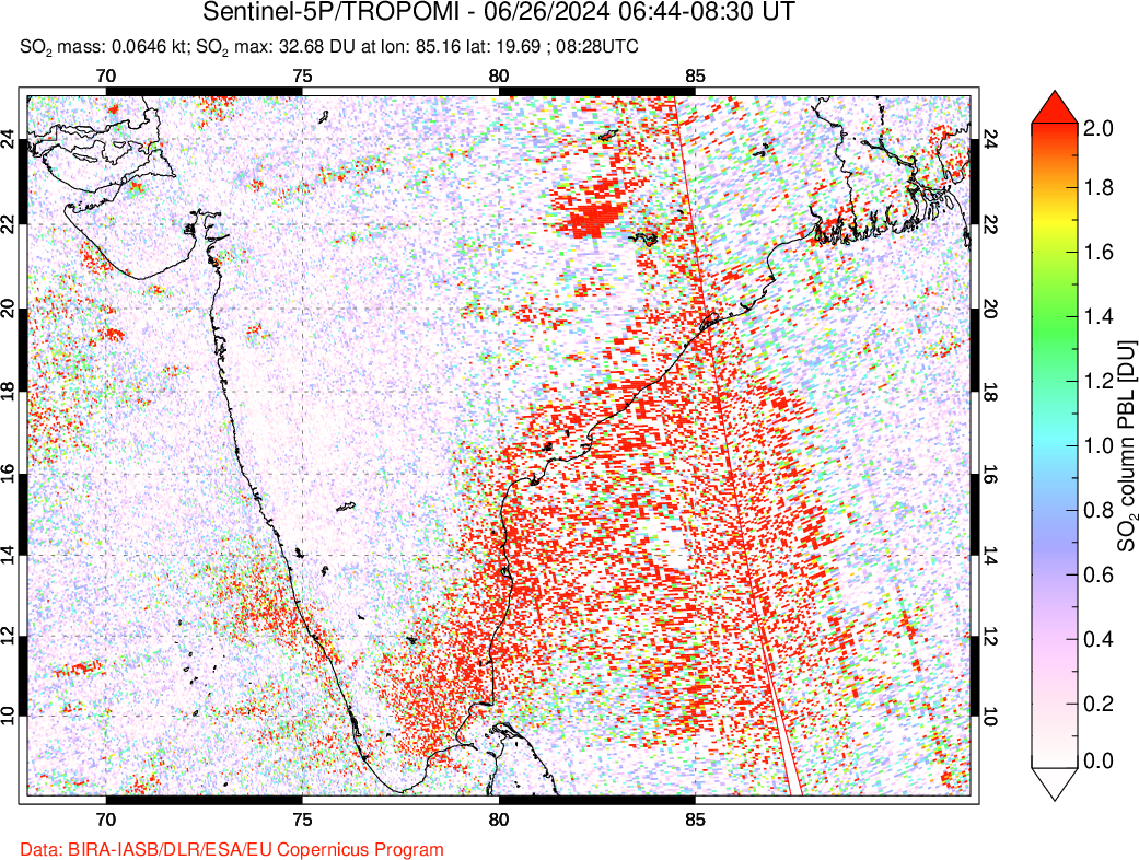 A sulfur dioxide image over India on Jun 26, 2024.