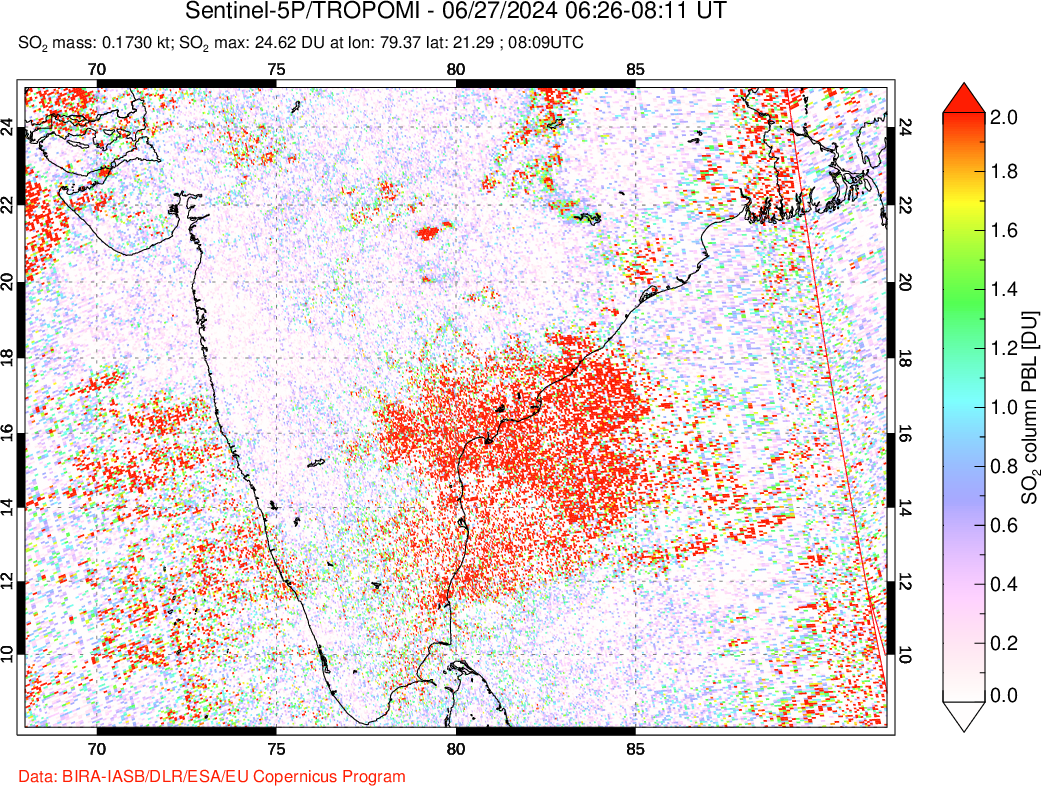 A sulfur dioxide image over India on Jun 27, 2024.