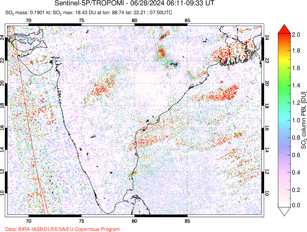 A sulfur dioxide image over India on Jun 28, 2024.