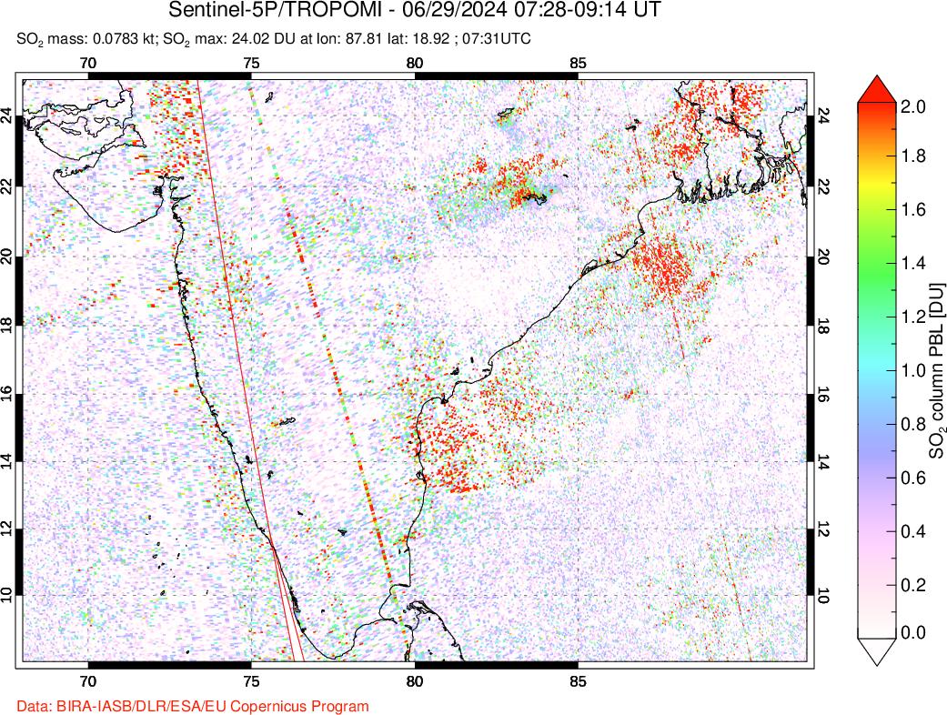 A sulfur dioxide image over India on Jun 29, 2024.