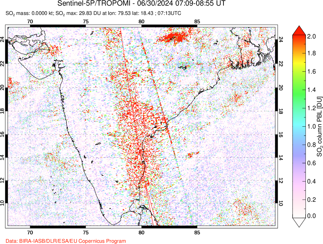 A sulfur dioxide image over India on Jun 30, 2024.