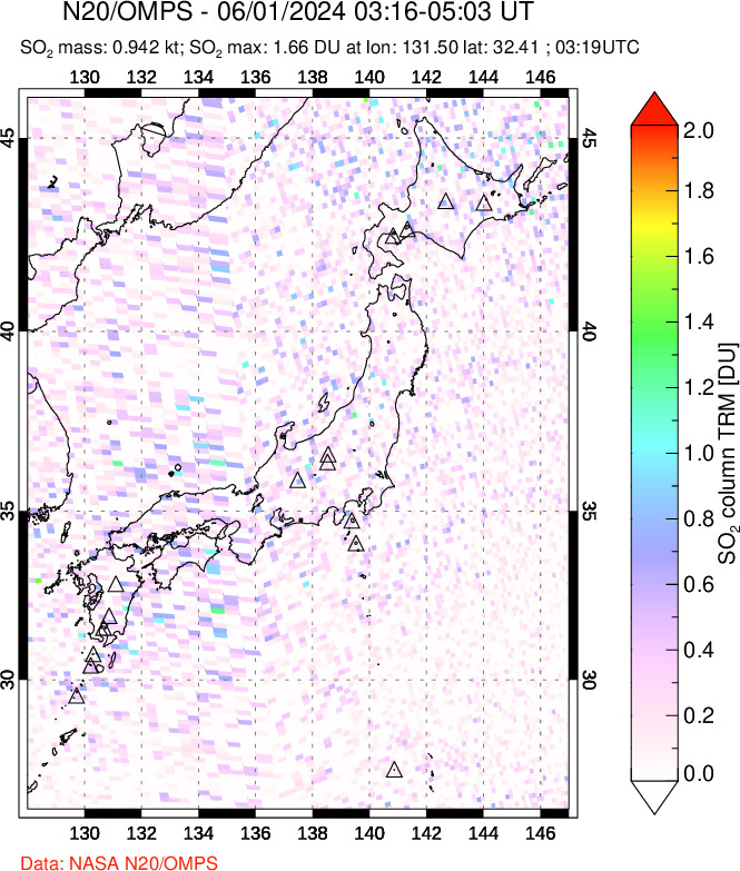 A sulfur dioxide image over Japan on Jun 01, 2024.