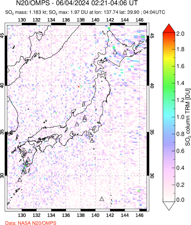 A sulfur dioxide image over Japan on Jun 04, 2024.