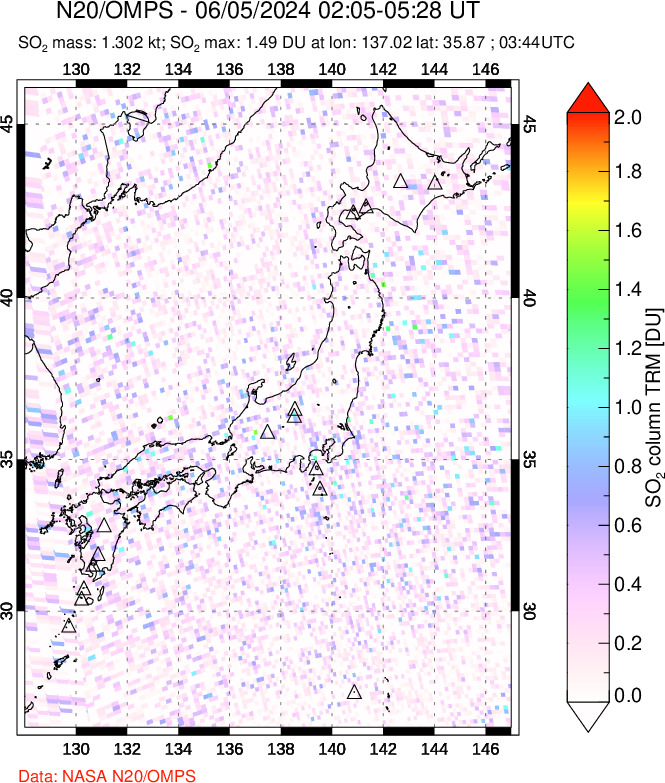 A sulfur dioxide image over Japan on Jun 05, 2024.