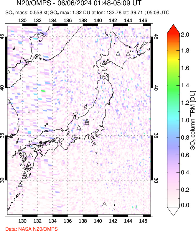 A sulfur dioxide image over Japan on Jun 06, 2024.