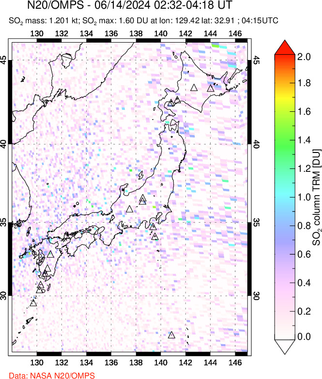 A sulfur dioxide image over Japan on Jun 14, 2024.