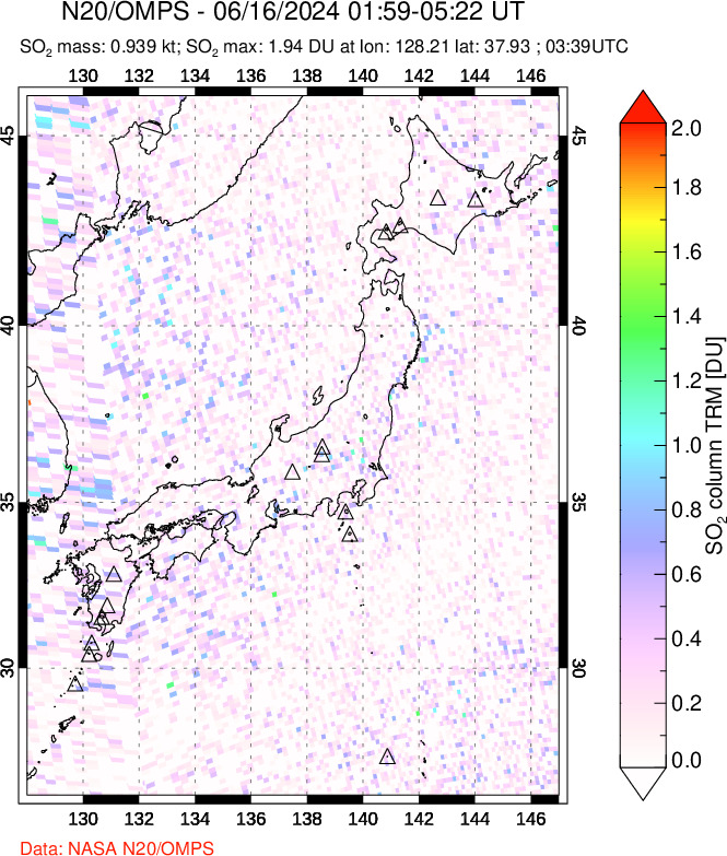 A sulfur dioxide image over Japan on Jun 16, 2024.