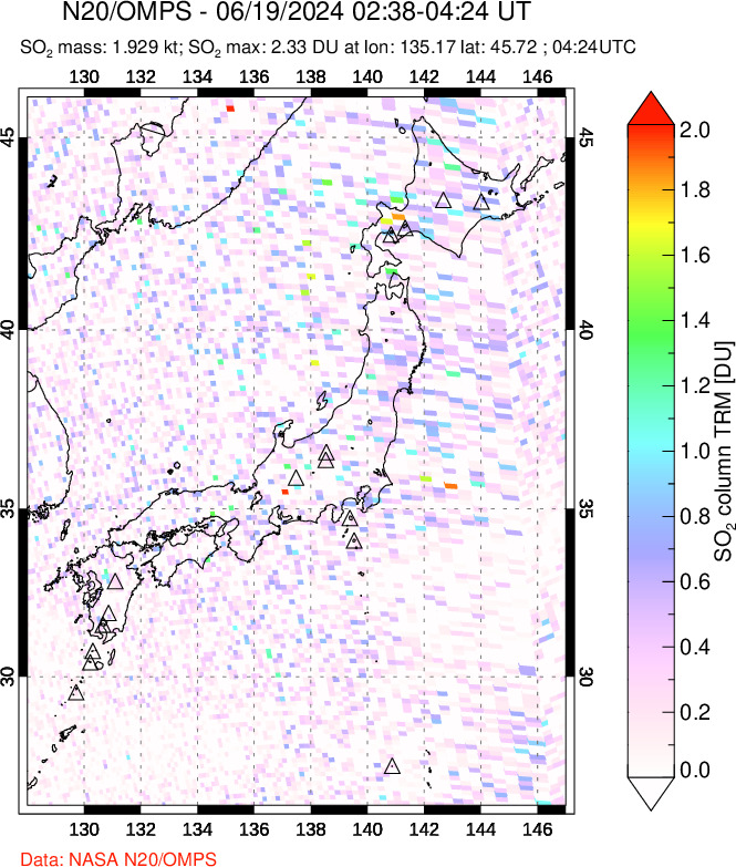 A sulfur dioxide image over Japan on Jun 19, 2024.