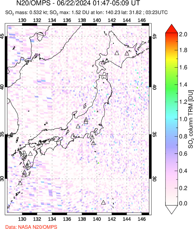 A sulfur dioxide image over Japan on Jun 22, 2024.