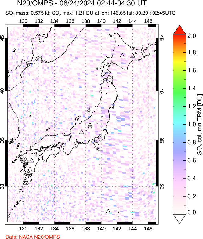 A sulfur dioxide image over Japan on Jun 24, 2024.