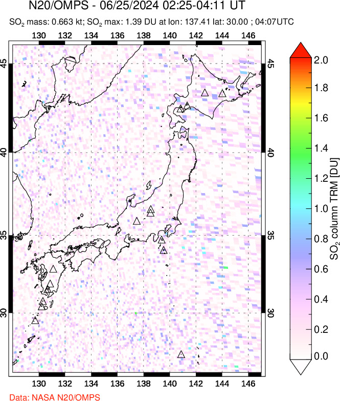 A sulfur dioxide image over Japan on Jun 25, 2024.