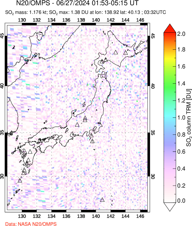 A sulfur dioxide image over Japan on Jun 27, 2024.