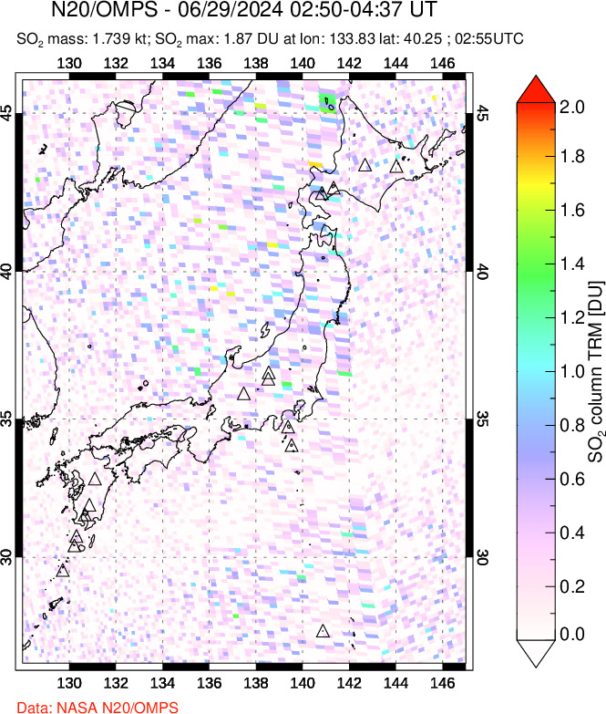 A sulfur dioxide image over Japan on Jun 29, 2024.