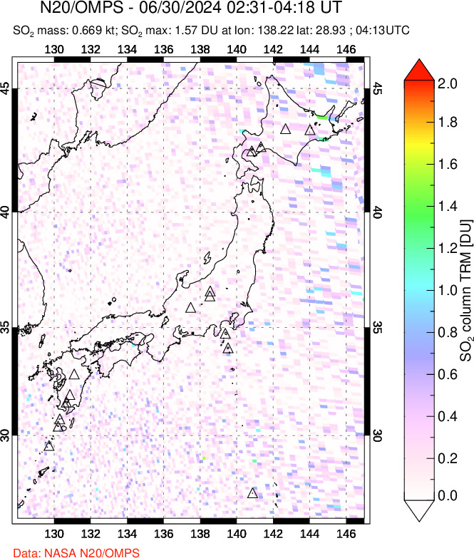 A sulfur dioxide image over Japan on Jun 30, 2024.