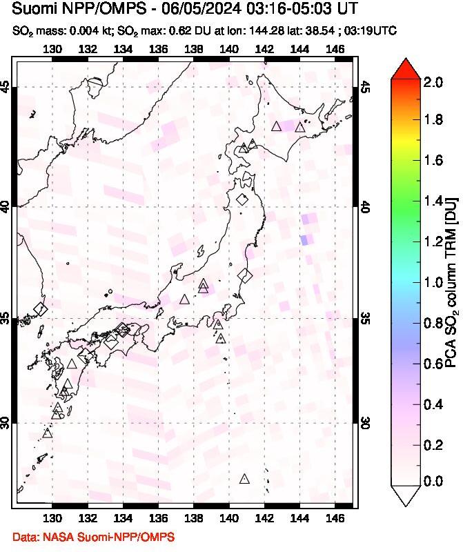 A sulfur dioxide image over Japan on Jun 05, 2024.