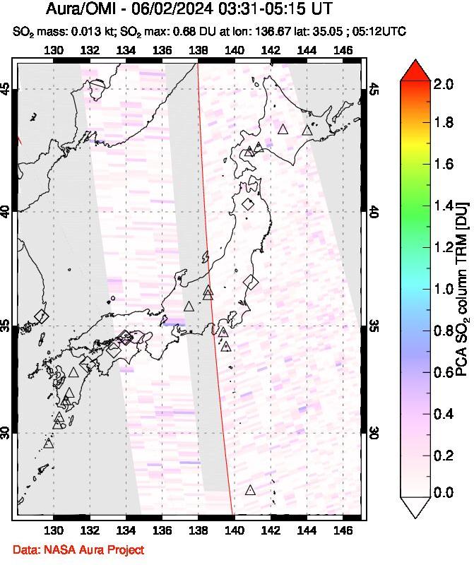 A sulfur dioxide image over Japan on Jun 02, 2024.