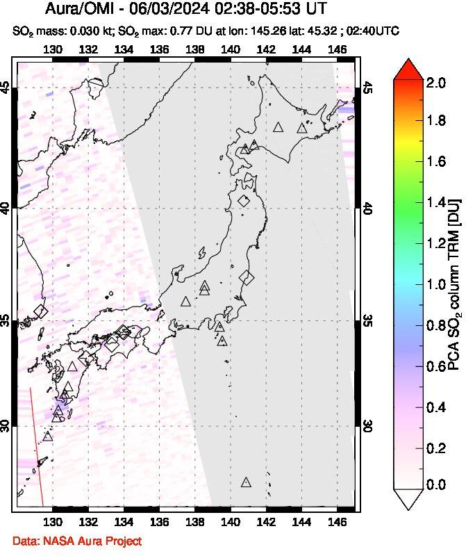 A sulfur dioxide image over Japan on Jun 03, 2024.