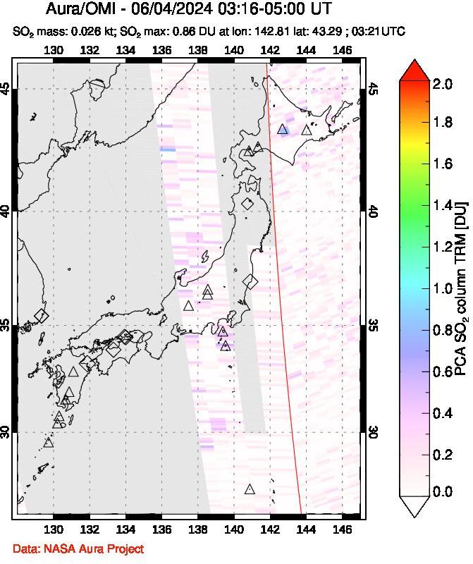 A sulfur dioxide image over Japan on Jun 04, 2024.