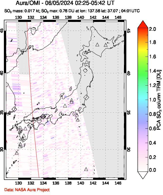 A sulfur dioxide image over Japan on Jun 05, 2024.