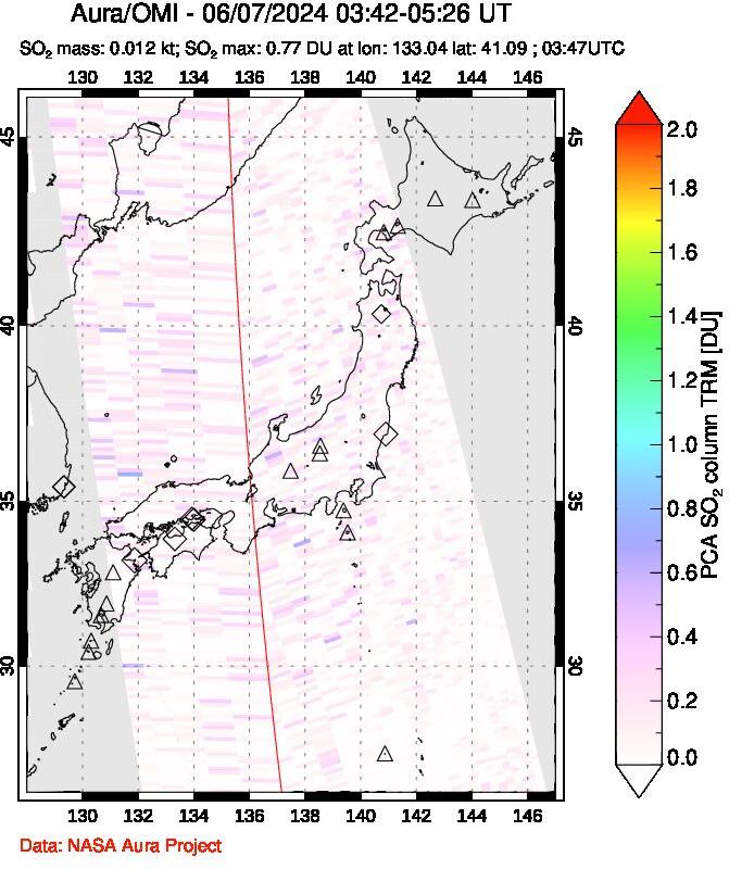 A sulfur dioxide image over Japan on Jun 07, 2024.