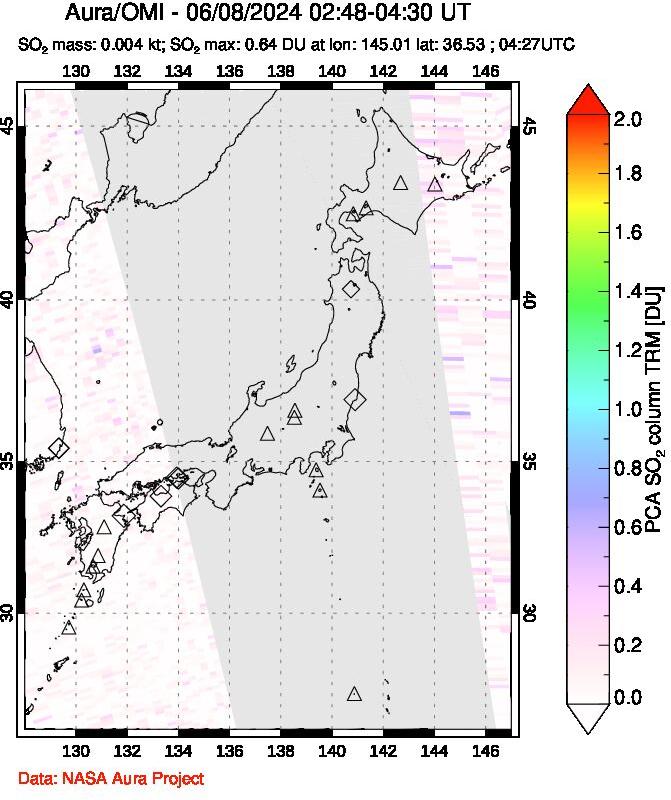 A sulfur dioxide image over Japan on Jun 08, 2024.