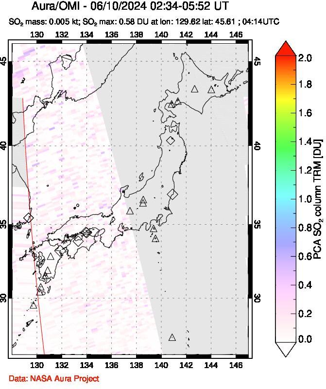 A sulfur dioxide image over Japan on Jun 10, 2024.