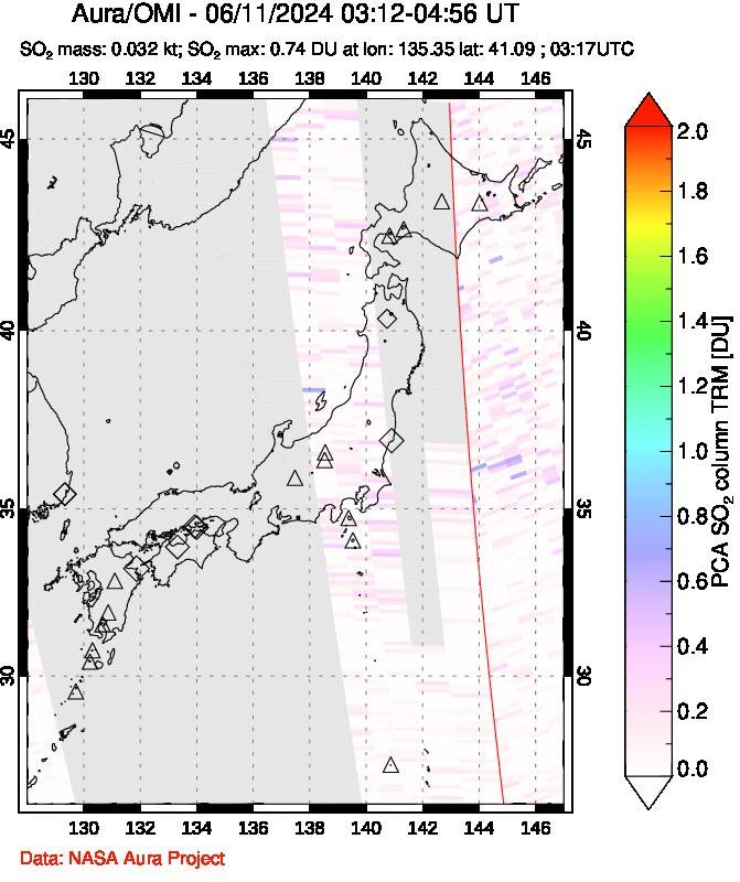 A sulfur dioxide image over Japan on Jun 11, 2024.