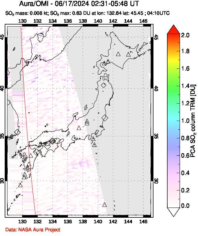 A sulfur dioxide image over Japan on Jun 17, 2024.