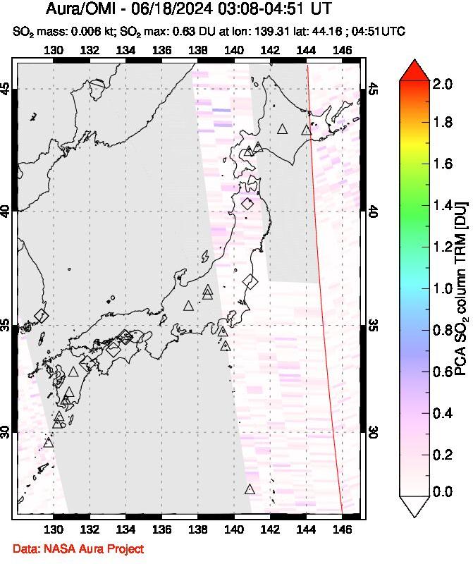 A sulfur dioxide image over Japan on Jun 18, 2024.