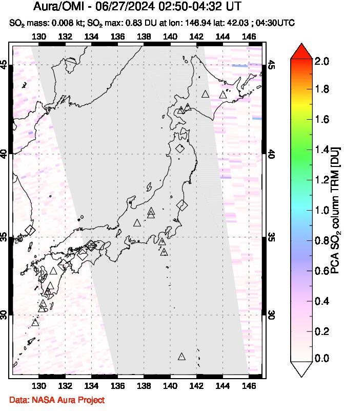 A sulfur dioxide image over Japan on Jun 27, 2024.