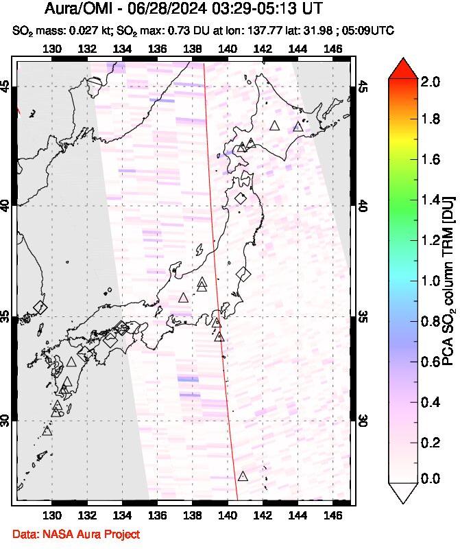 A sulfur dioxide image over Japan on Jun 28, 2024.