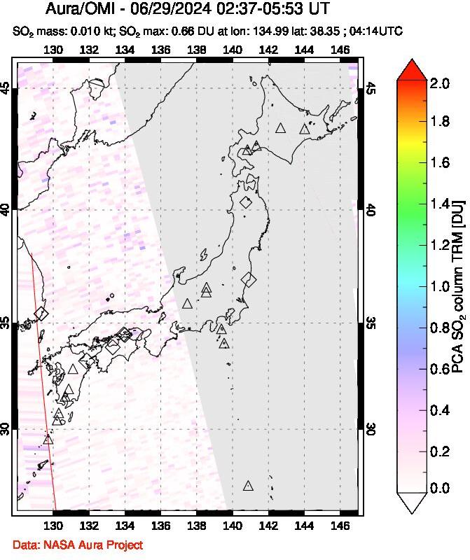 A sulfur dioxide image over Japan on Jun 29, 2024.