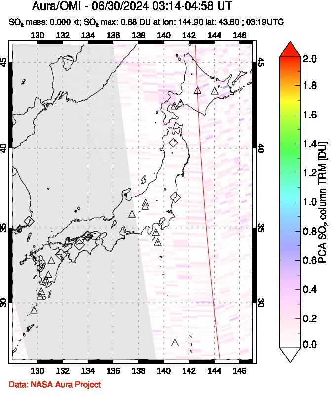 A sulfur dioxide image over Japan on Jun 30, 2024.