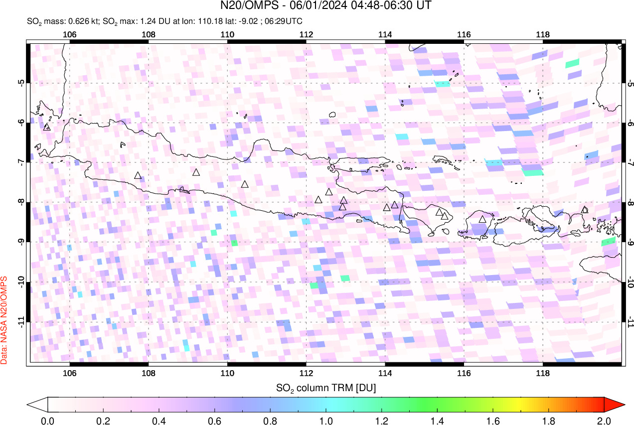 A sulfur dioxide image over Java, Indonesia on Jun 01, 2024.