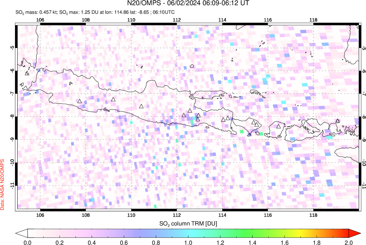 A sulfur dioxide image over Java, Indonesia on Jun 02, 2024.