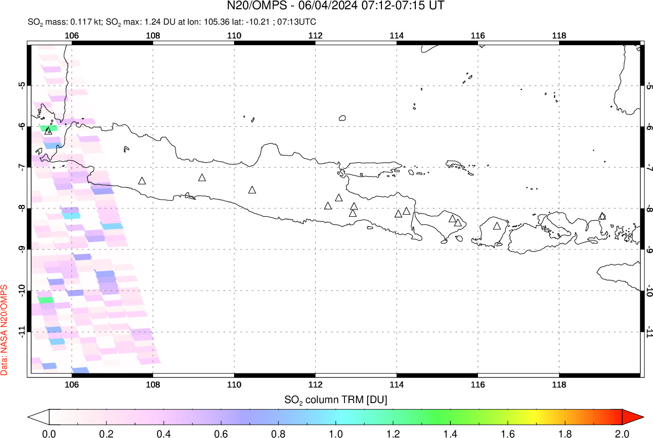 A sulfur dioxide image over Java, Indonesia on Jun 04, 2024.
