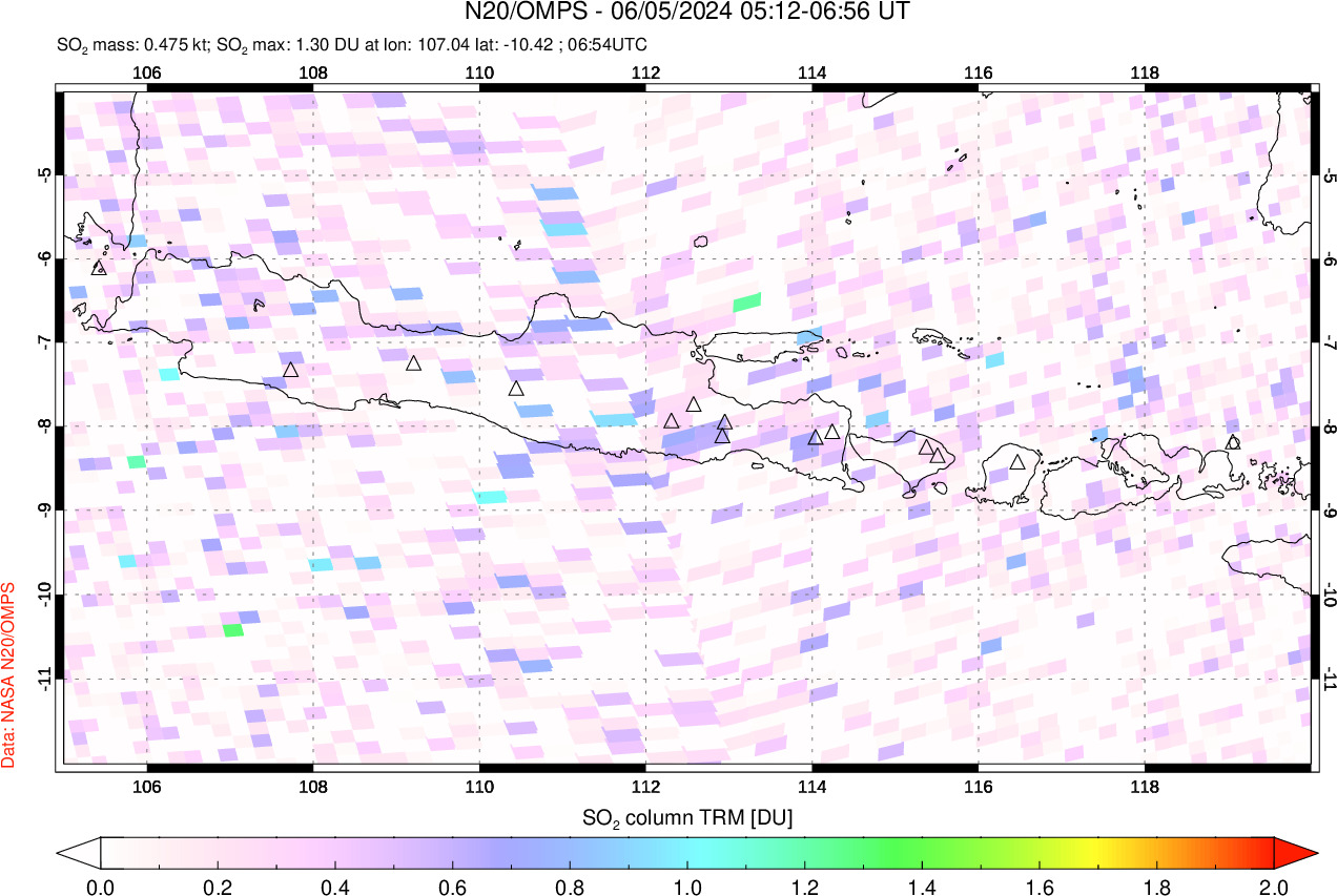 A sulfur dioxide image over Java, Indonesia on Jun 05, 2024.