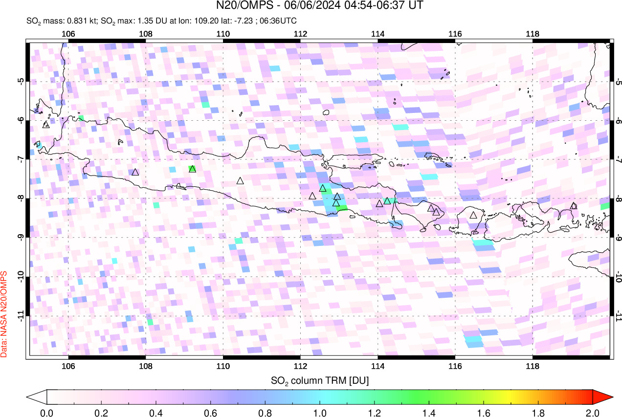 A sulfur dioxide image over Java, Indonesia on Jun 06, 2024.