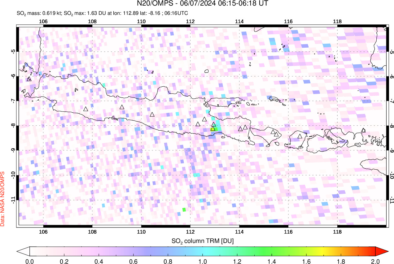 A sulfur dioxide image over Java, Indonesia on Jun 07, 2024.
