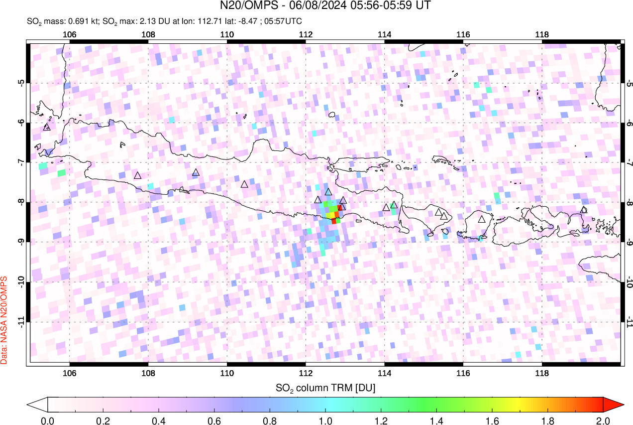 A sulfur dioxide image over Java, Indonesia on Jun 08, 2024.