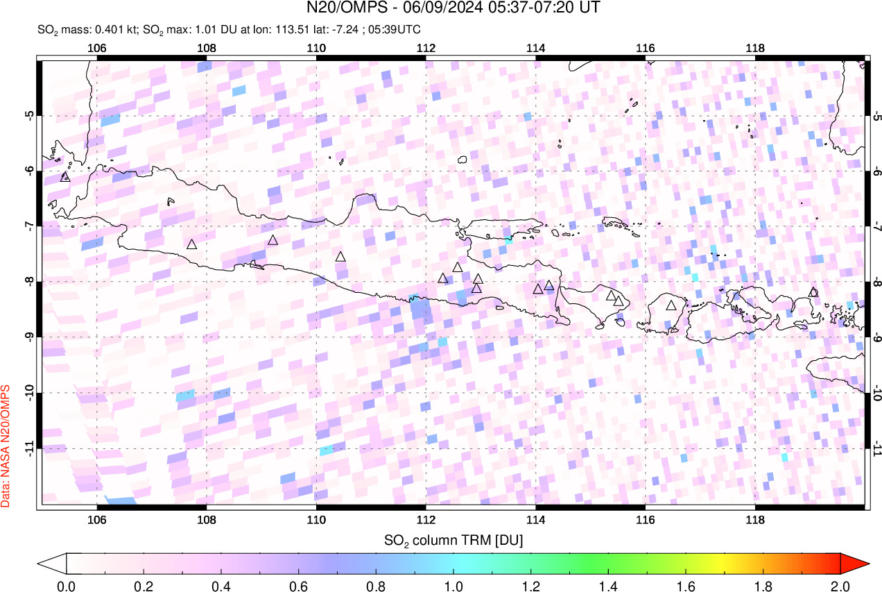 A sulfur dioxide image over Java, Indonesia on Jun 09, 2024.