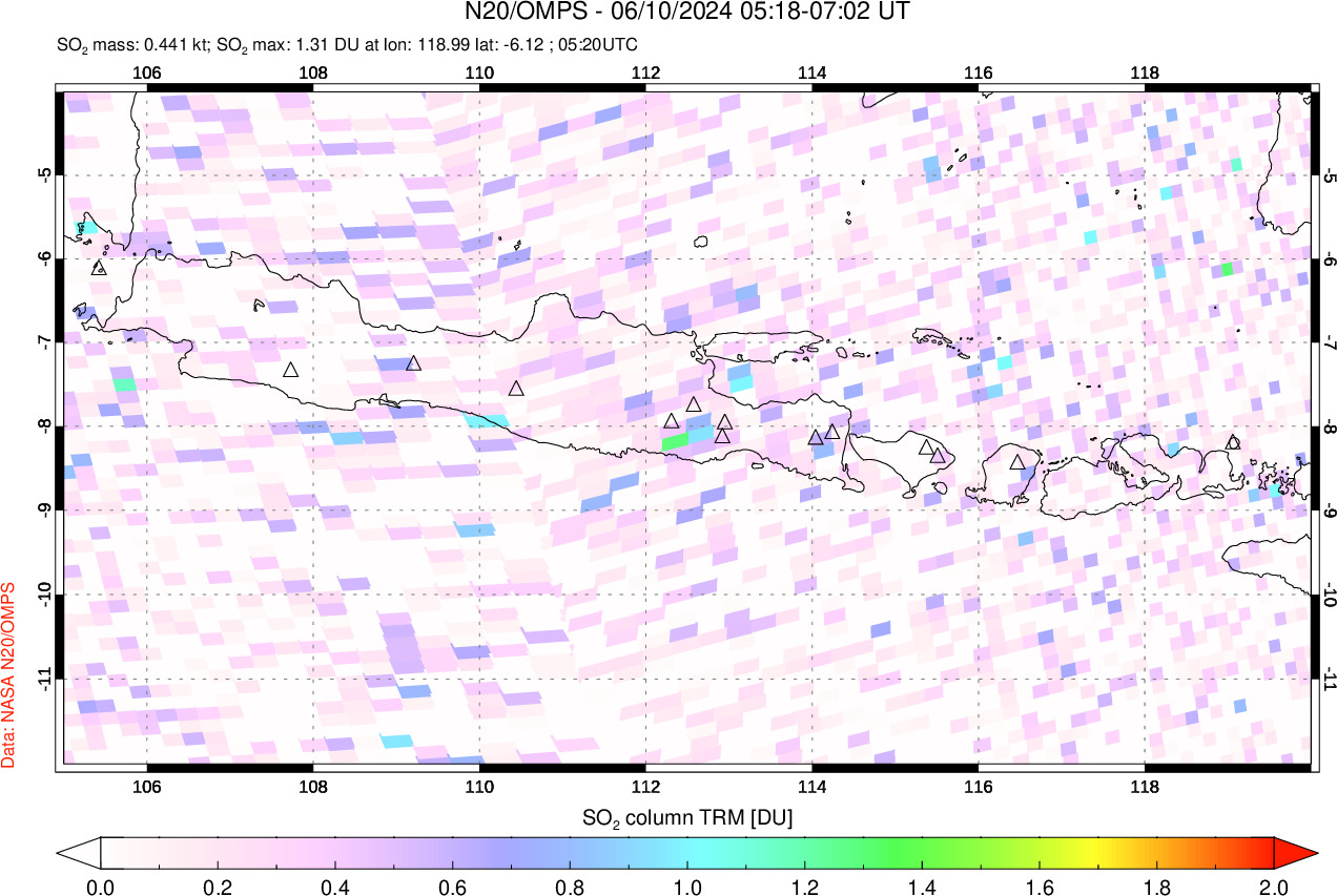 A sulfur dioxide image over Java, Indonesia on Jun 10, 2024.